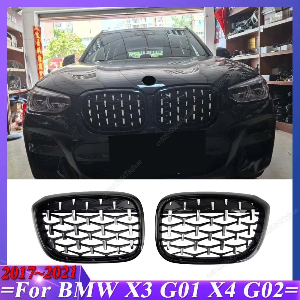 

Для BMW X3 G01 X4 G02 2017-2021 Алмазные решетки Передние решетки для почек Замена решетки Метеоритный стиль Решетка переднего бампера автомобиля
