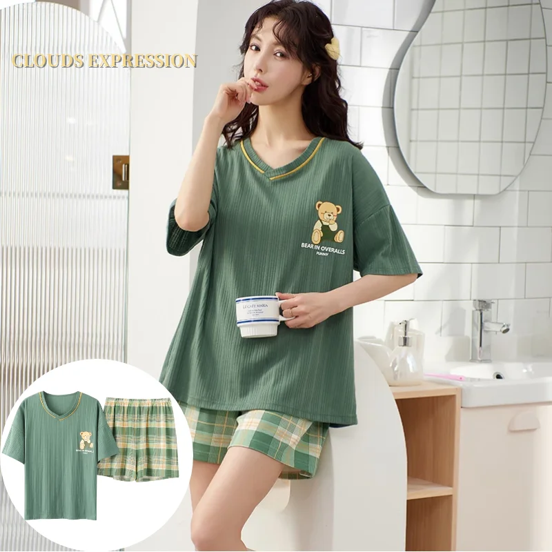 Summer New Knitted Cotton Cute Cartoon Pyjamas Set Women Pajamas Casual Plaid Sleepwear Short Nightwear Sleeve Homewear Fashion