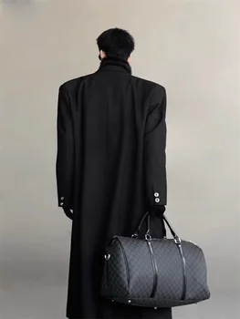 Mauroicardi Men's Extra-Long Double-Breasted Trench Coat 2 Mauroicardi Spring Autumn Extra Long Black Flowy Trench Coat Men Shoulder Pads Double Breasted Loose Casual Korean Fashion 2025 2