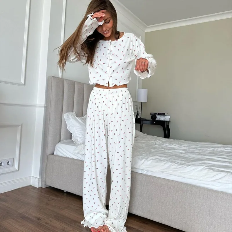 

Women's Long Sleeve Long Pants Knitted Cardigan Flower Printed Pajama Set Stylish Loungewear Autumn 2025 European American Style