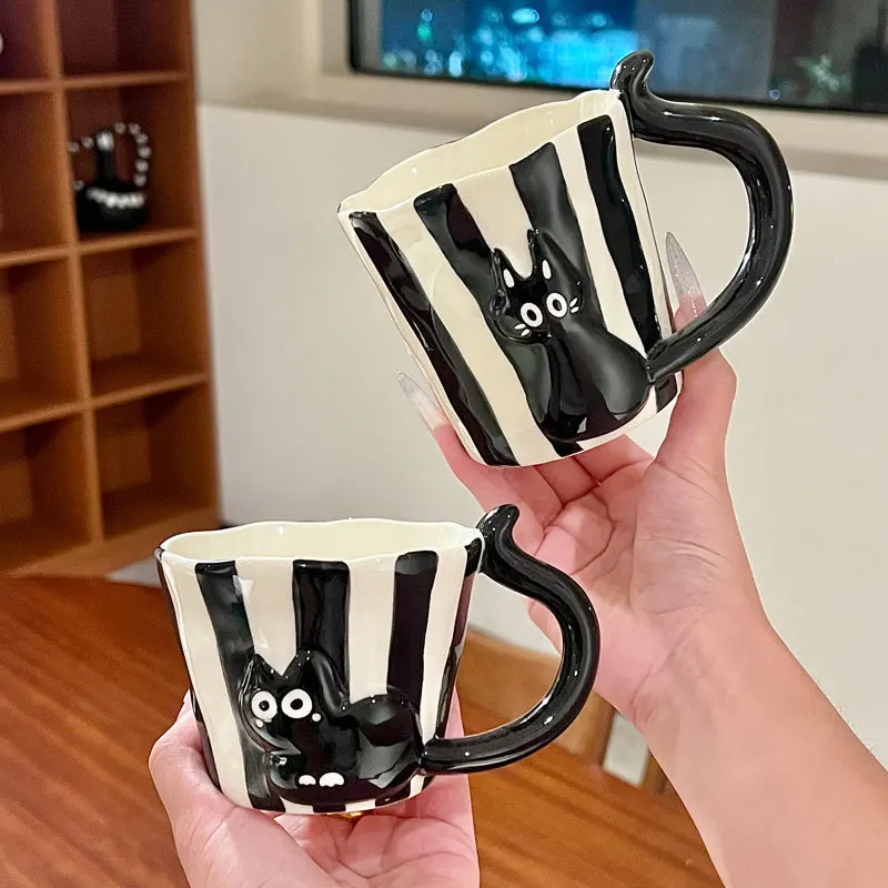 Cute Relief Black Cat with Striped Floral Pattern, Cat Tail Handle Ceramic Cup and Plate Set for Home Drinking Utensils