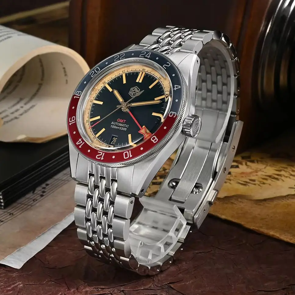 

San Martin Мужские часы GMT 39,5 мм Автоматические механические наручные часы для дайвера 20 АТМ Светящийся сапфировый алюминиевый двунаправленный безель NH34