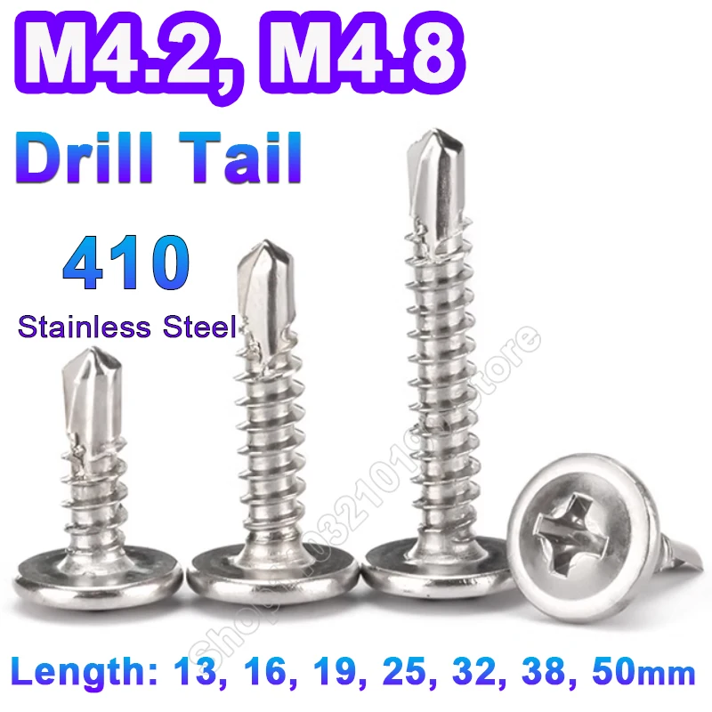 Cross Drilling Screw 410Stainless Steel M4.2 M4.8 Phillips Washer Head Flat Round Self Tapping Drill Screws for Sheet Plate Wood