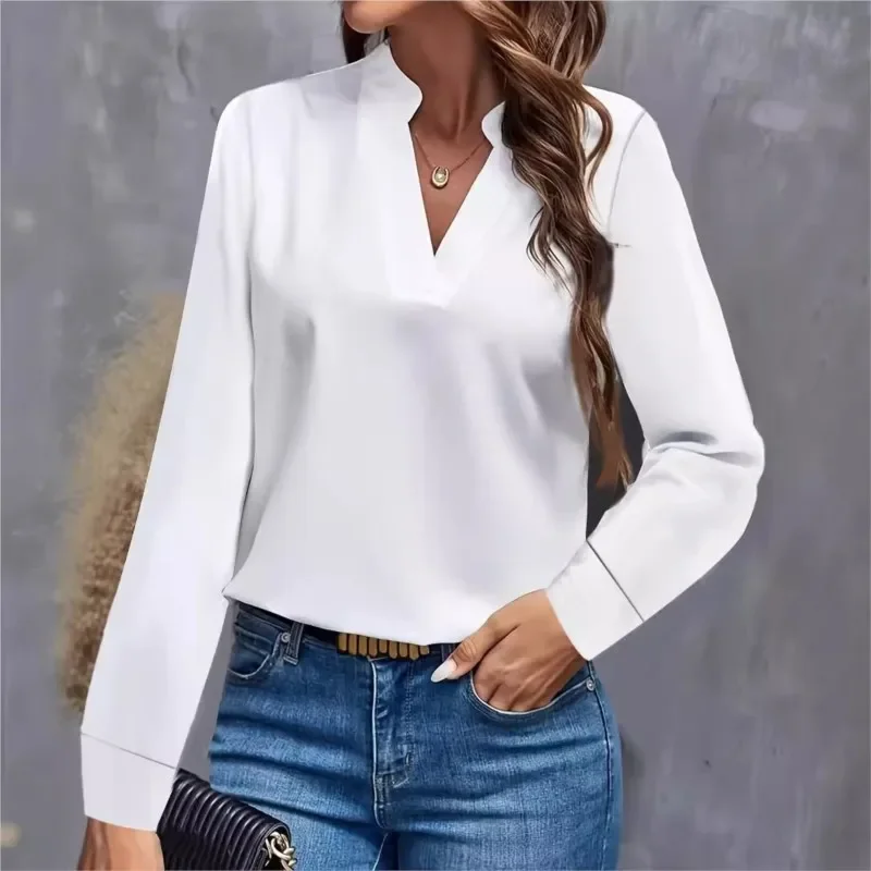 2024 Autumn White Women\'s Blouses Spring Long Sleeve Simple Office Lady Solid Color V-neck Loose Casual Shirt Tops Women Clothes