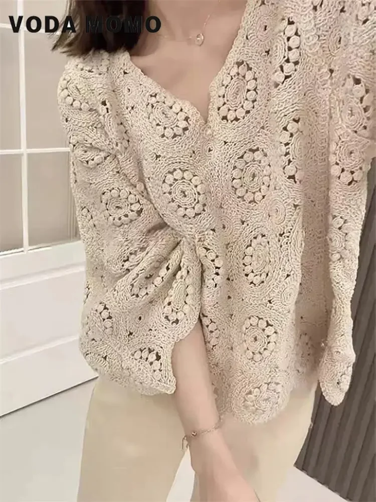 Women New Spring Summer Fashion Knitted V-Neck Cardigan Office Lady Full Sleeve Tops Femme Loose French Style Sexy Hollow Lace