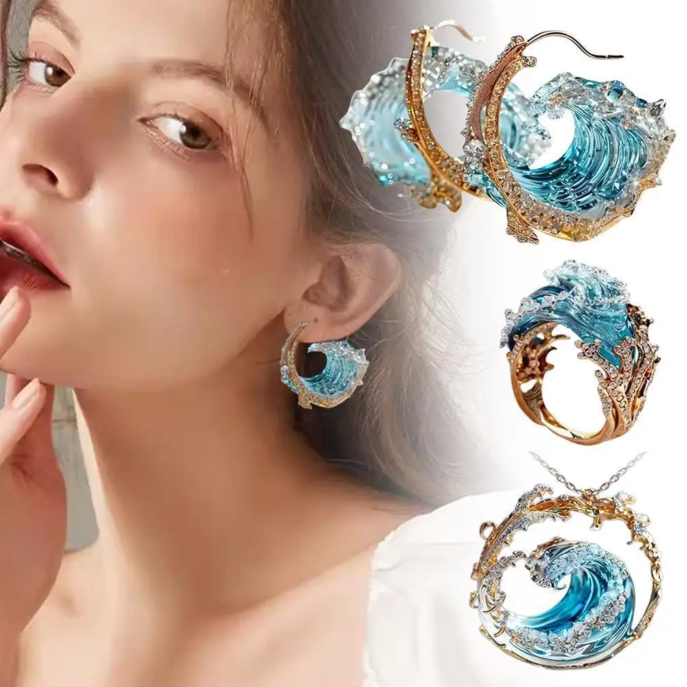 Creative Ocean Wave Blue Sky Jewelry Set Adjustable Ocean Wave Earring Necklace Luxury Crystal Jewelry Accessories