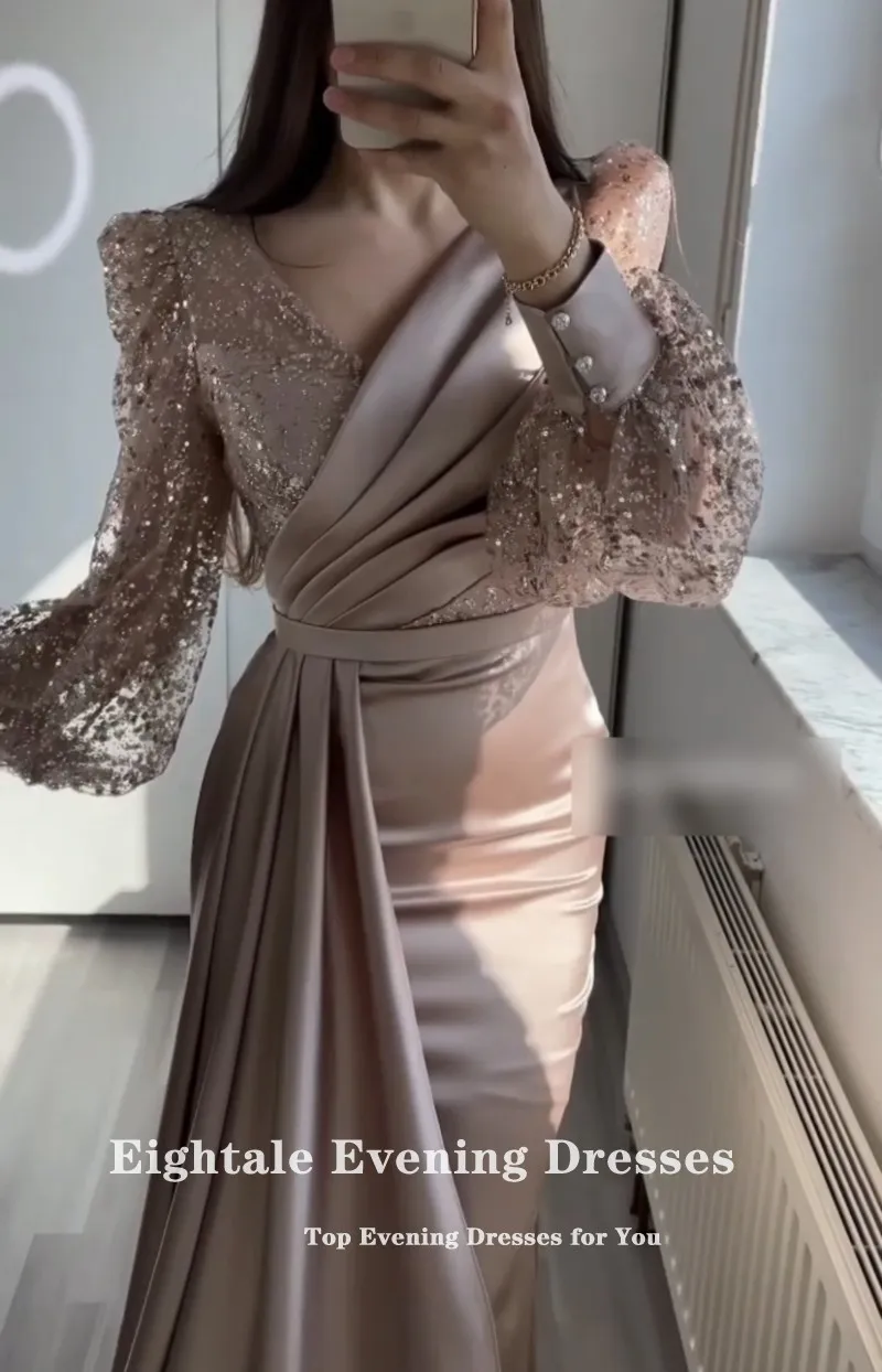 Eightale vestido de noite para festa de casamento com decote em v personalizado glitter mangas compridas inchadas sereia cetim árabe celebridade