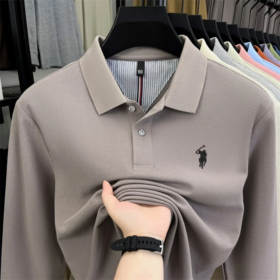 100% reine Baumwolle, hochwertiges Marken-Poloshirt für Herren mit langen Ärmeln, modisches Luxus-Golf-Oberteil mit Stickerei für Herbst und Winter, lässiges T-Shirt. – Detail 3