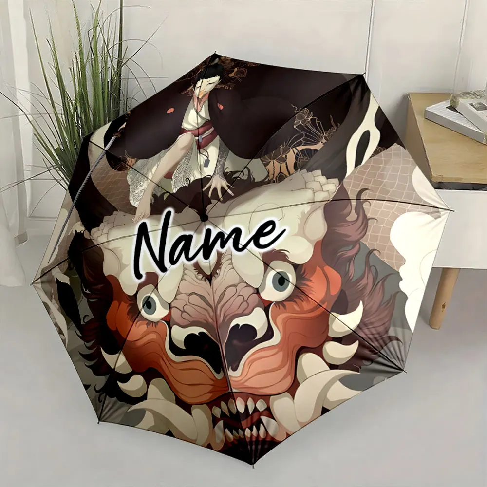 Custom Name  Artistic Umbrella with Japanese Mythological Design Print 8 Iron Ribs Folding Umbrella Auto-Open Fashion Sunshade