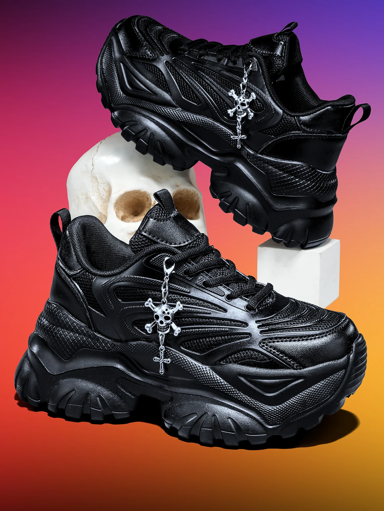 Damen-Outdoor-Allwetter-Modische Dad-Schuhe, Eva-Leichtgewicht-Sneaker mit dicker Sohle und 7 cm Absatzhöhe, orangefarbene Sportschuhe mit abnehmbarem silbernen Kreuz- und Totenkopf-Anhänger im Halloween-Punk-Stil, vielseitig einsetzbar für den täglichen Arbeitsweg und Fitness – Detail 26