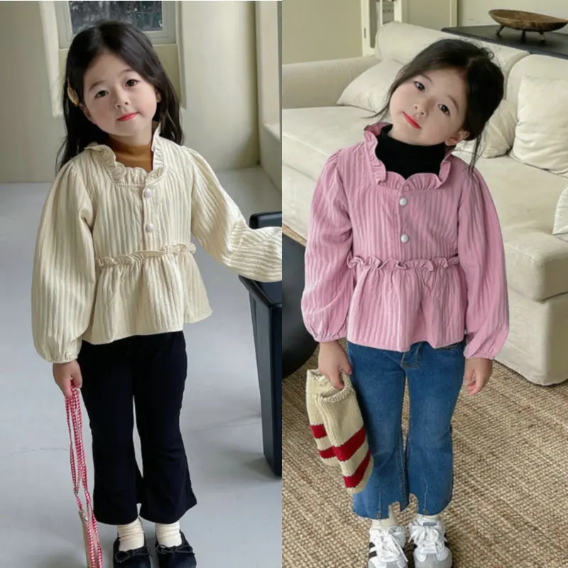 Girls' Shirt Stand-up Collar Ruffle Edge Small Fresh Top Coat 2024 Spring and Autumn New Children's Clothing Fashion