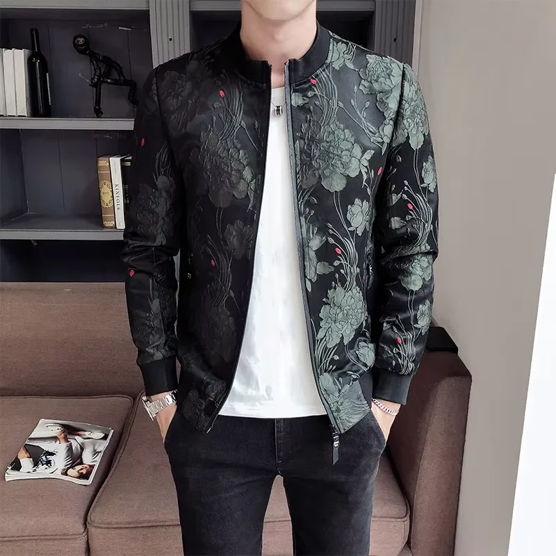 

2024 Autumn New Floral Jacket Men Fashion Vintage Business Bomber Jacquard Jacket Masculinas Casual Slim Jacket Coat Man M-4XL