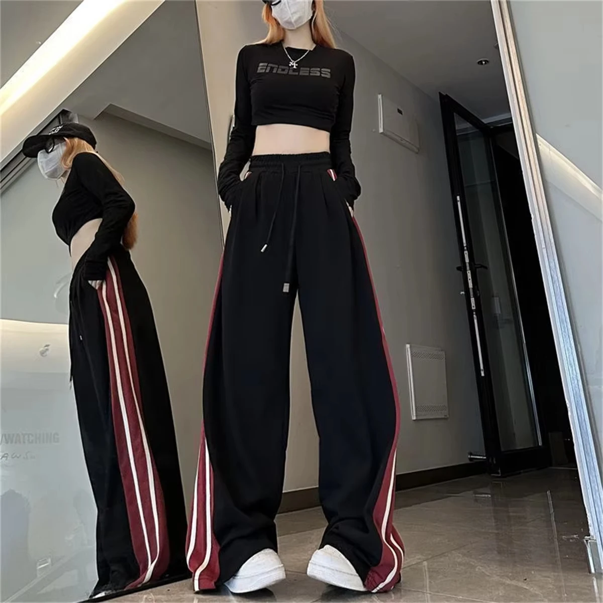 Men Women Straight‑Leg Pants 3D Side Red White Stripe Print Quick Dry Trousers Elastic Drawstring Waist Hip‑Hop Long Pants