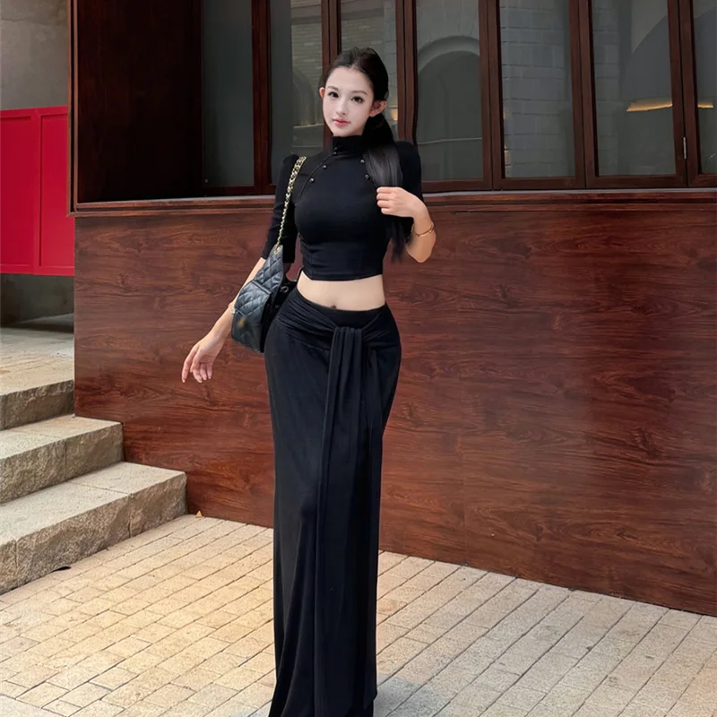 Slimming Effect Vintage Stand Collar mid Sleeve T Shirt Top with a Line Skirt Set for Women Short Length Fashion Set