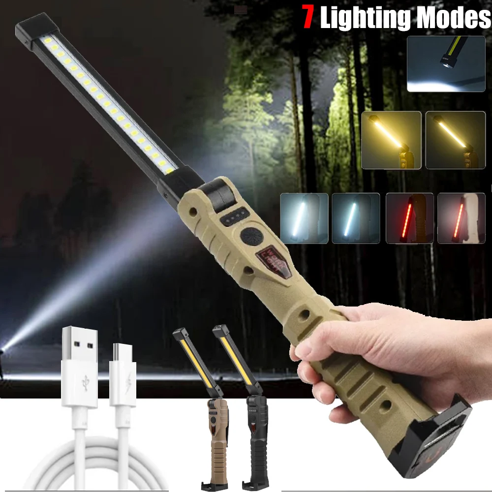 Portable Magnetic Auto Repair Work Light USB Rechargeable LED Flashlight With Magnet Hook For Car Repair Fishing Emergencies