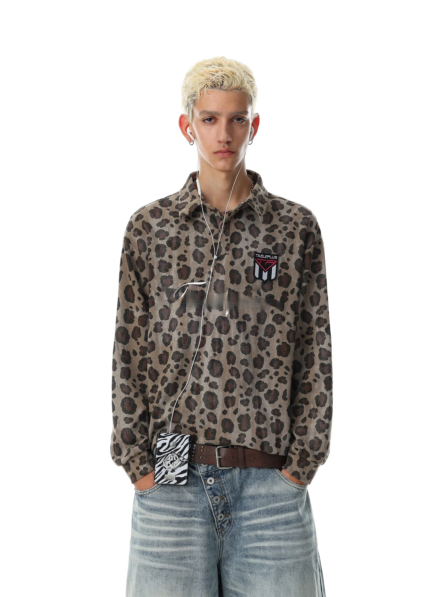 Loose Fit Long Sleeve Men's  Shirt Leopard Print Lettering Retro American Style Streetwear Top by Mr.Nearly