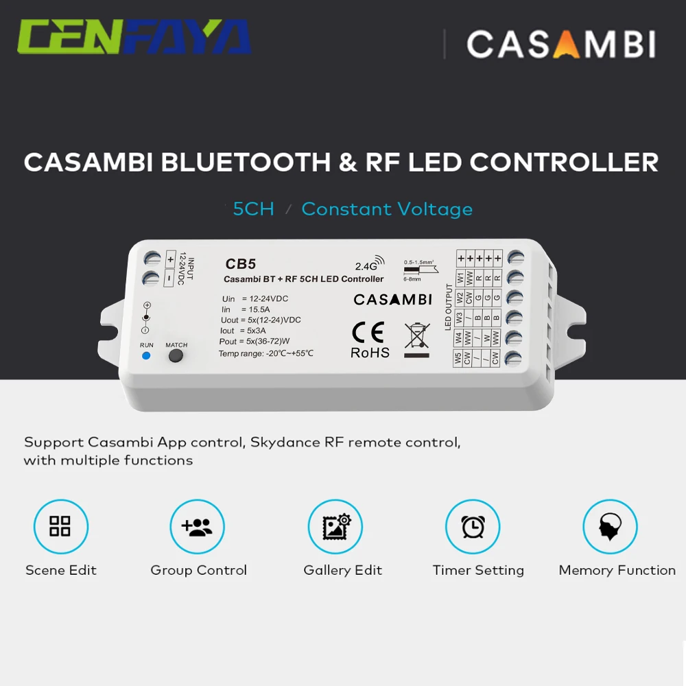

CENFAYA Casambi Bluetooth RF PMW LED Strip Controller CB5 DC12V 24V Dimmer Casambi Smart APP Control 4 Zone RGBCCT 2.4G Remote