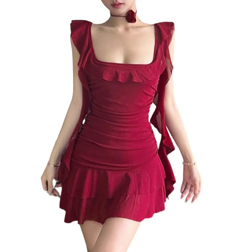 

Evening Party Dress Square Collar Dress For Wedding Guests 95 Polyester 5 Spandex Solid Color Pattern Elegant Fashion Style