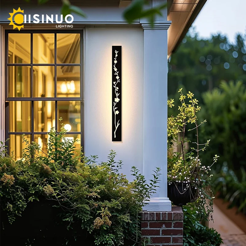 

Long Black LED Wall Light IP67 Waterproof Porch Lamp Peach Flower Pattern Stainless Steel Rustproof Sconce for Villa Garden Deco