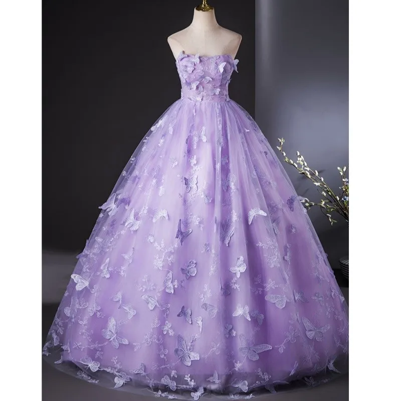 

Newest Purple Tulle Quinceanera Dresses Strapless Sexy Backless Puffy Prom Dress Sweet Lace Butterflies Elegant Graduation Dress