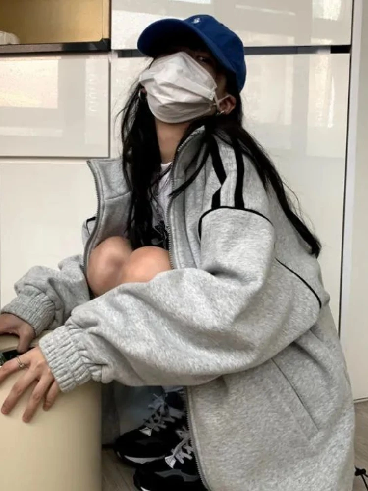 Sudaderas con capucha informales Harajuku para mujer, abrigos de retazos de Color de contraste, ropa de calle gruesa con cremallera, sudaderas Grunge, estética Y2k, 2024