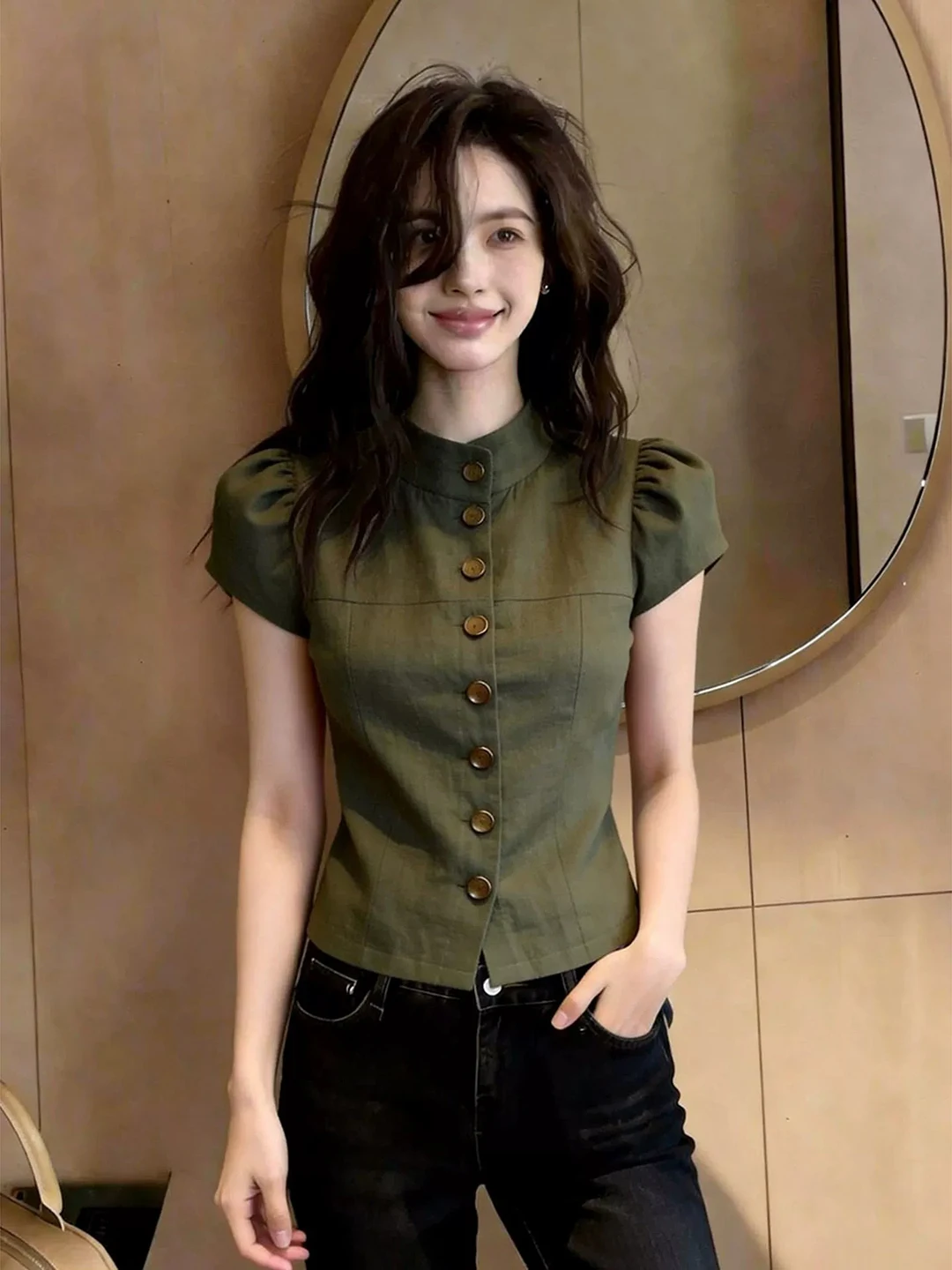 

Slimming Green Retro Style Stand Collar Short Sleeve Women's Shirt Unique Attractive Button up Top for Summer 2026
