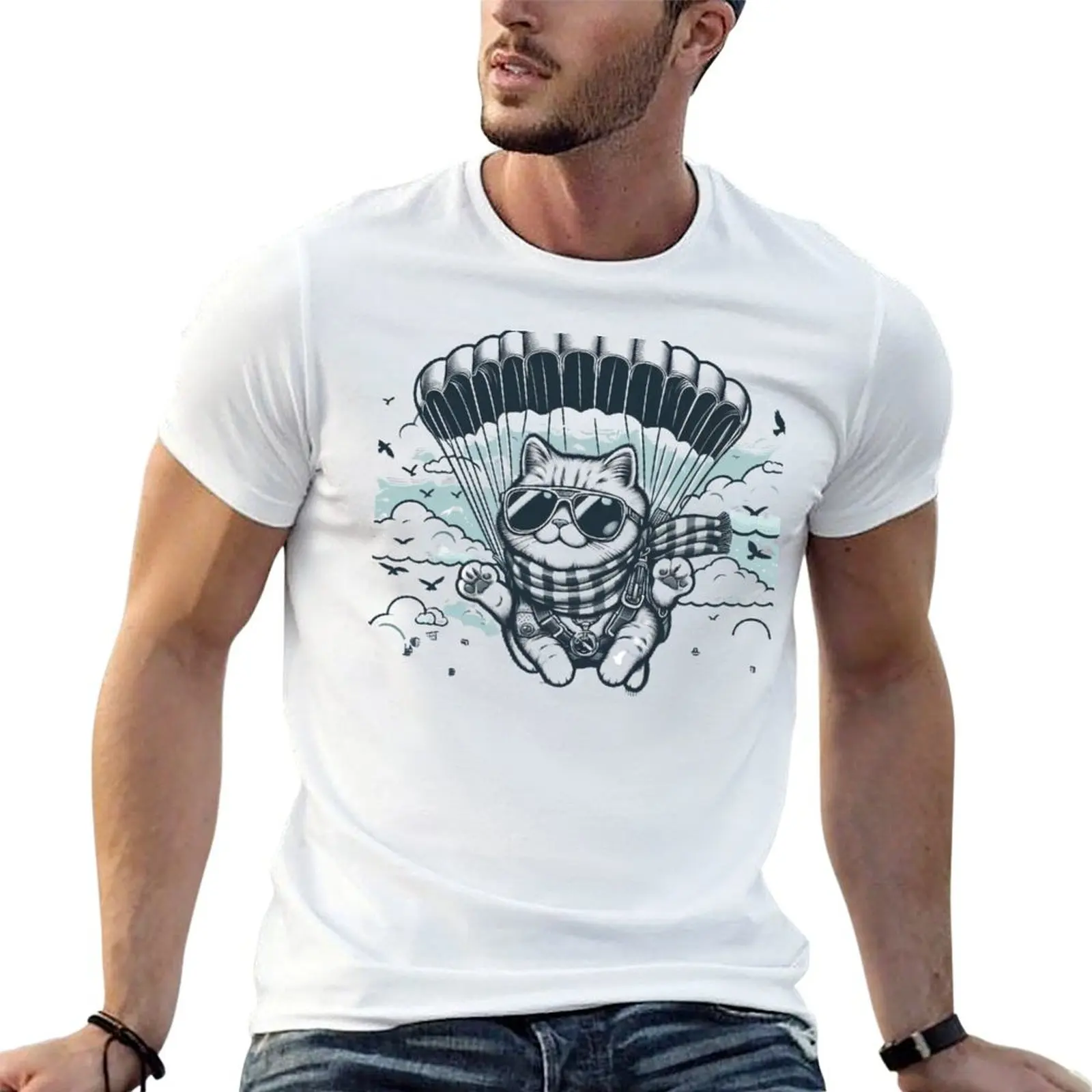 Cloud Hopping: Cat Parachuting Quest T-Shirt Regular Fit Plain Tee Shirt