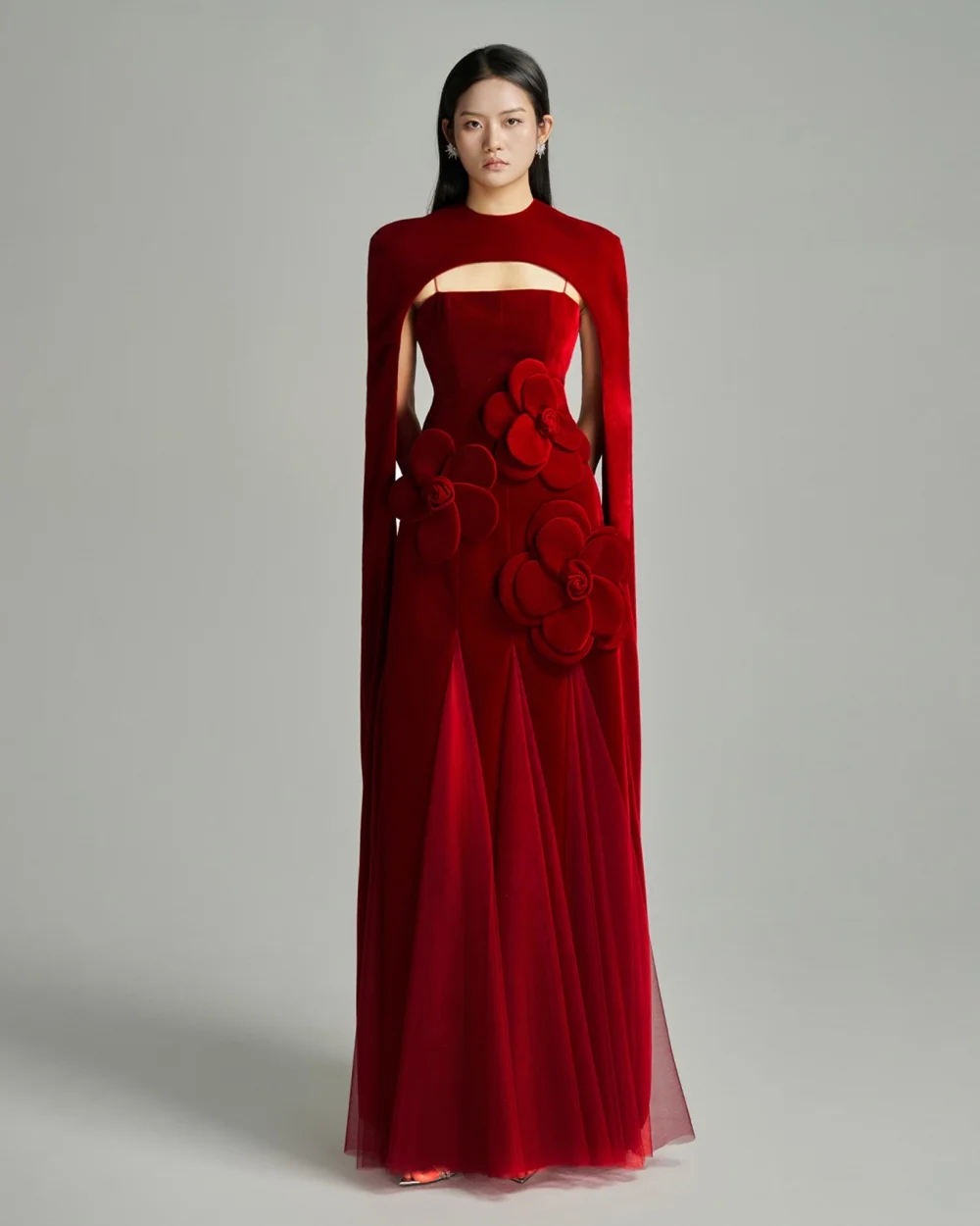 

Customized Modern Style Women Tulle Handmade Flower Ruched A-line Evening Dresses Fashion Retro O-Neck Floor Lenght Party Gowns