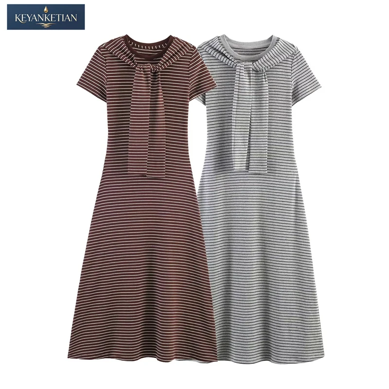 KEYANKETIAN 2026 Summer Preppy Casual Striped Knit Dress Short Sleeves, Neck Tie & Knee-Length Hem Slim-fit  Midi Dress