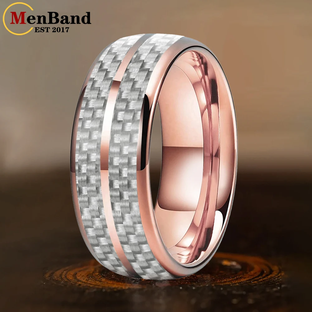 MenBand 6/8mm Domed Double Groove White Carbon Fiber Inlay Tungsten Ring for Men Women Fashion Engagement Wedding Band