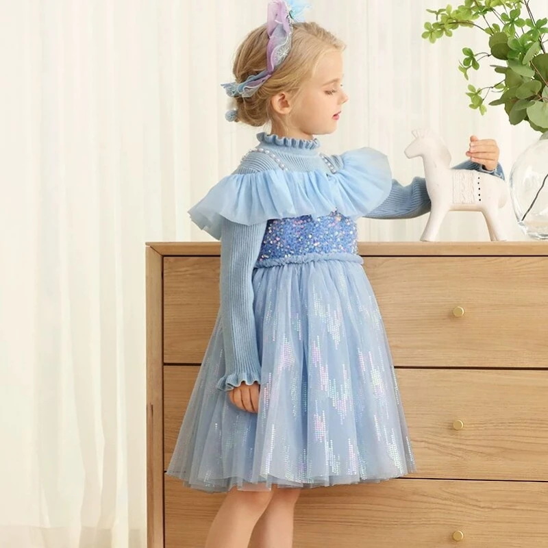 Baby Girl Princess Dress Ruffled Collar Sweater Patchwork Tulle Sequin Infant Toddler Long Sleeve Vestido Party Birthday 1-12Y