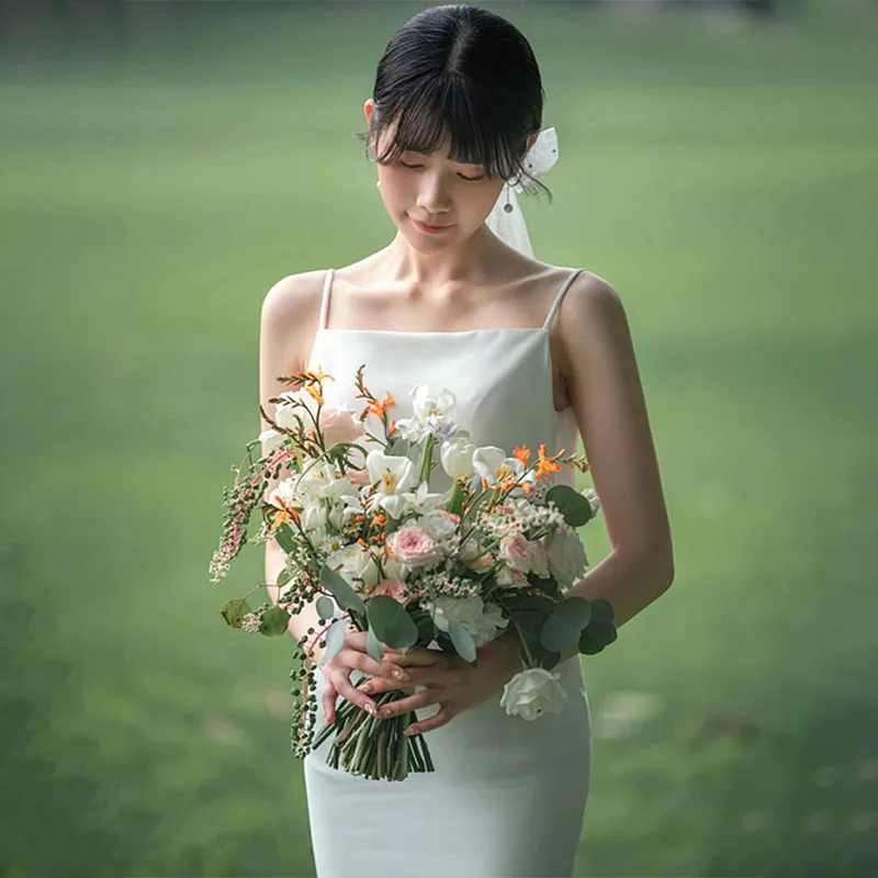 Vestido de novia ligero de satén, prenda sencilla con tirantes, nuevo estilo, n61, 2024