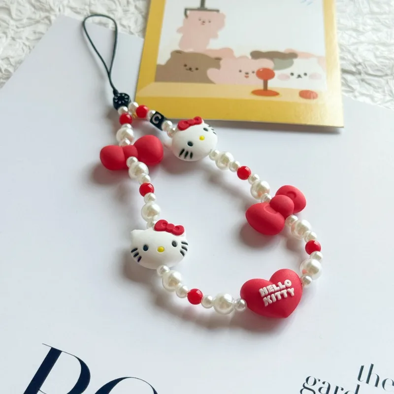 Sanrio Hello Kitty Y2k Mobile Pendant Anime Beaded Phone Chain Phone Accessories Kawaii Backpack Lanyard Women Car Keychain Gift