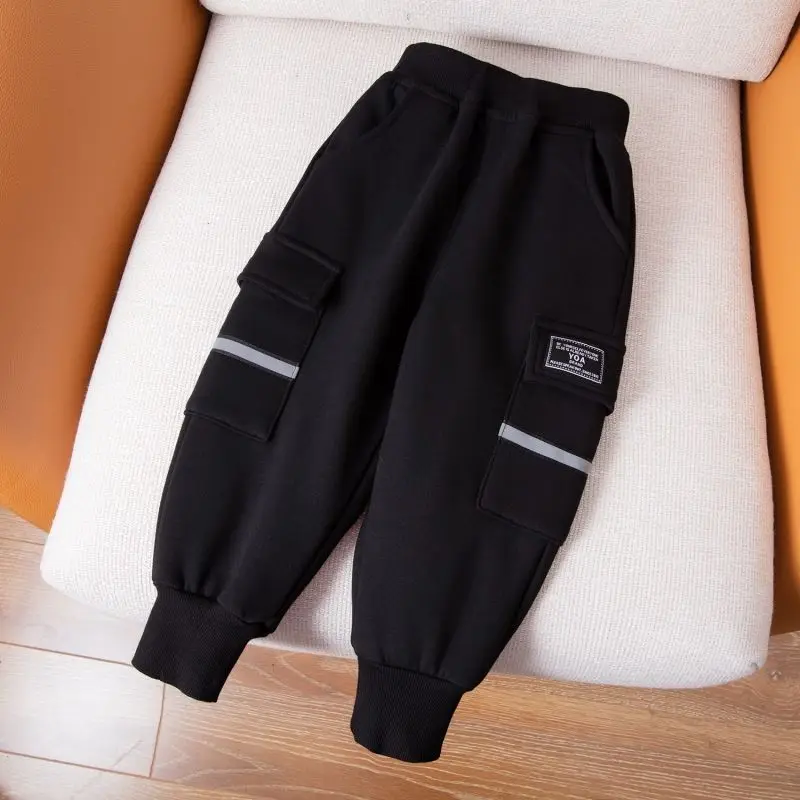 Winter Kids Fleece Thicken Sweatpants Boy Ankle Length Cargo Pant 2+y Young Child Casual Clothes Autumn Girl Warm Sport Trousers