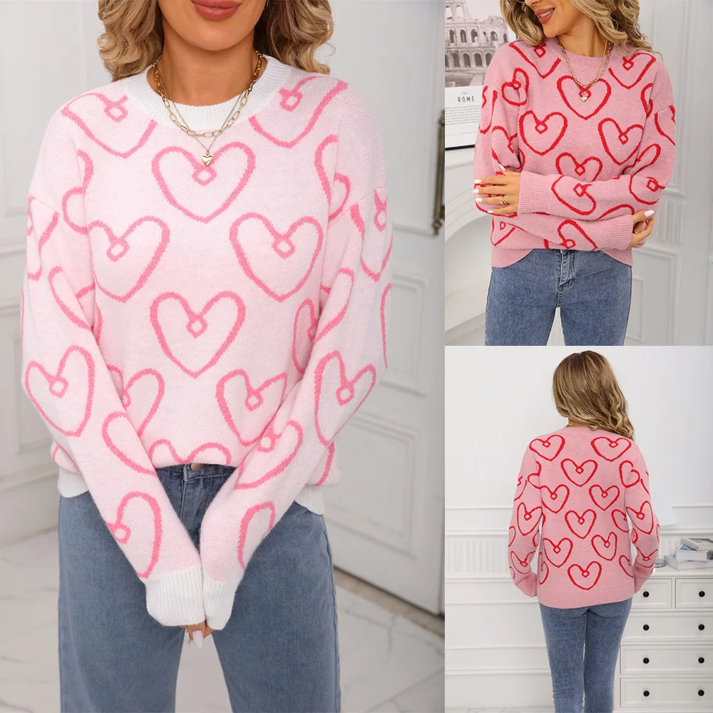 

Elegant women's sweaters 2025 O Neck Heart-shaped print Pink Long Sleeve sweaters ladies 2025 slim women's winter clothes tops
