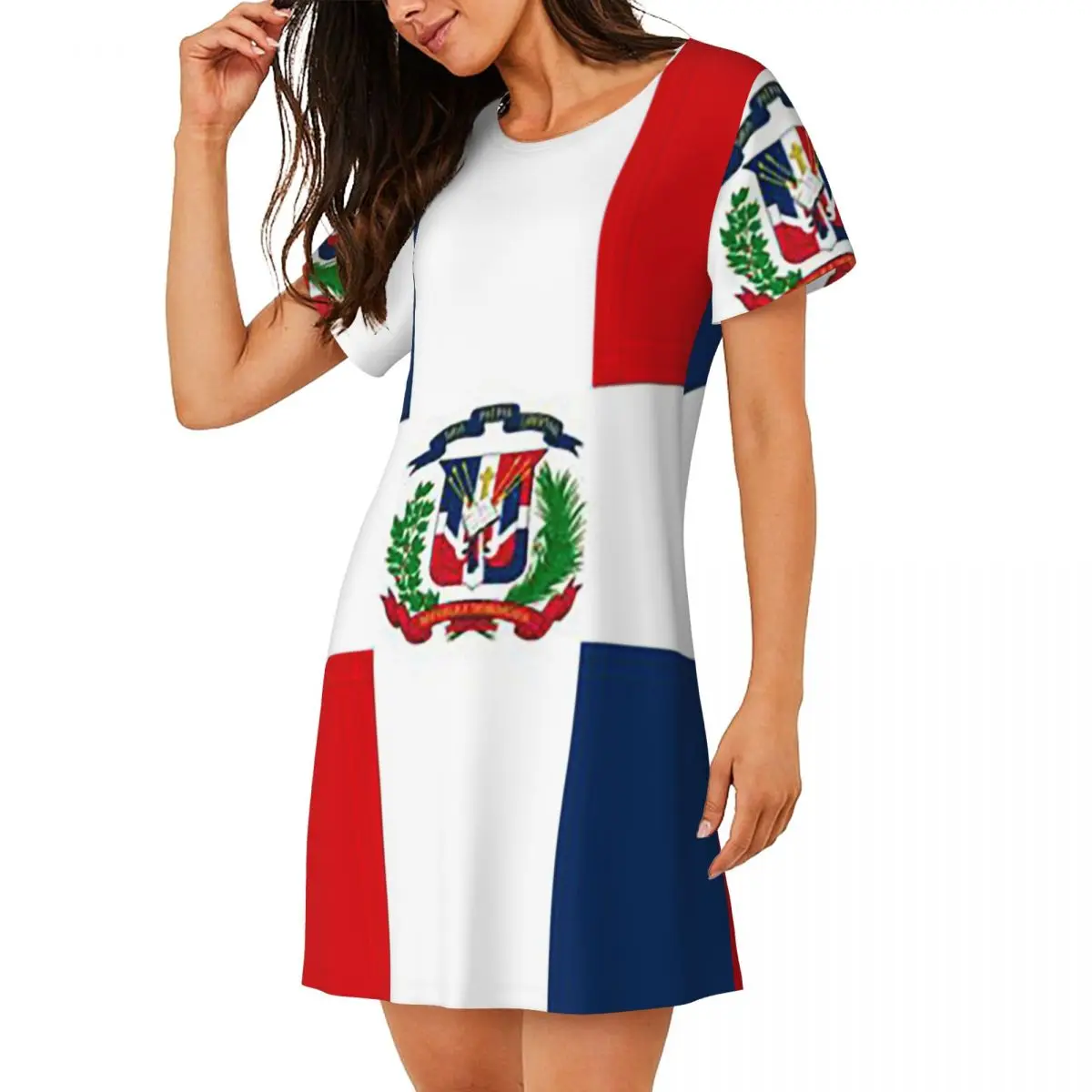 

Custom Dominican Republic Flag Short Sleeves Nightdress For Sleeping Sleepshirts Women Short Sleeve Nightgowns Soft Pajama Dress