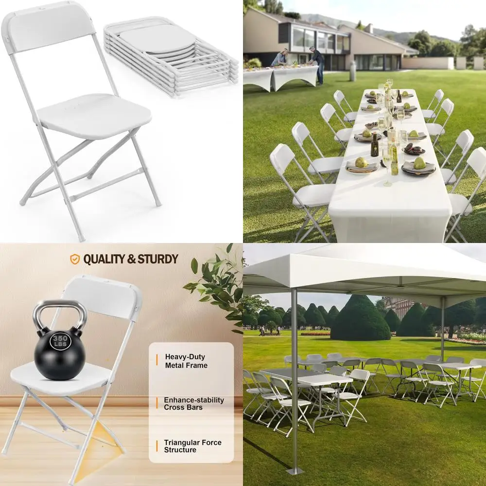 

Комплект из 6 белых пластиковых складных стульев с металлическим каркасом, прочный для мероприятий, свадеб и использования на открытом воздухе.