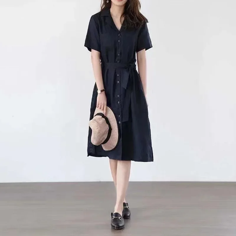 Cotton and linen women's pure linen dress lapel suit collar short sleeve belt shirt skirt