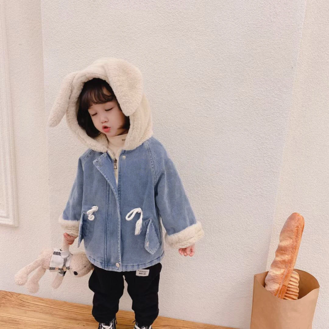 Bambini ragazze pellicce cappotti con cappuccio più velluto Denim spesso bambini vestiti da neve parka lunghi ragazze abiti caldi abbigliamento per