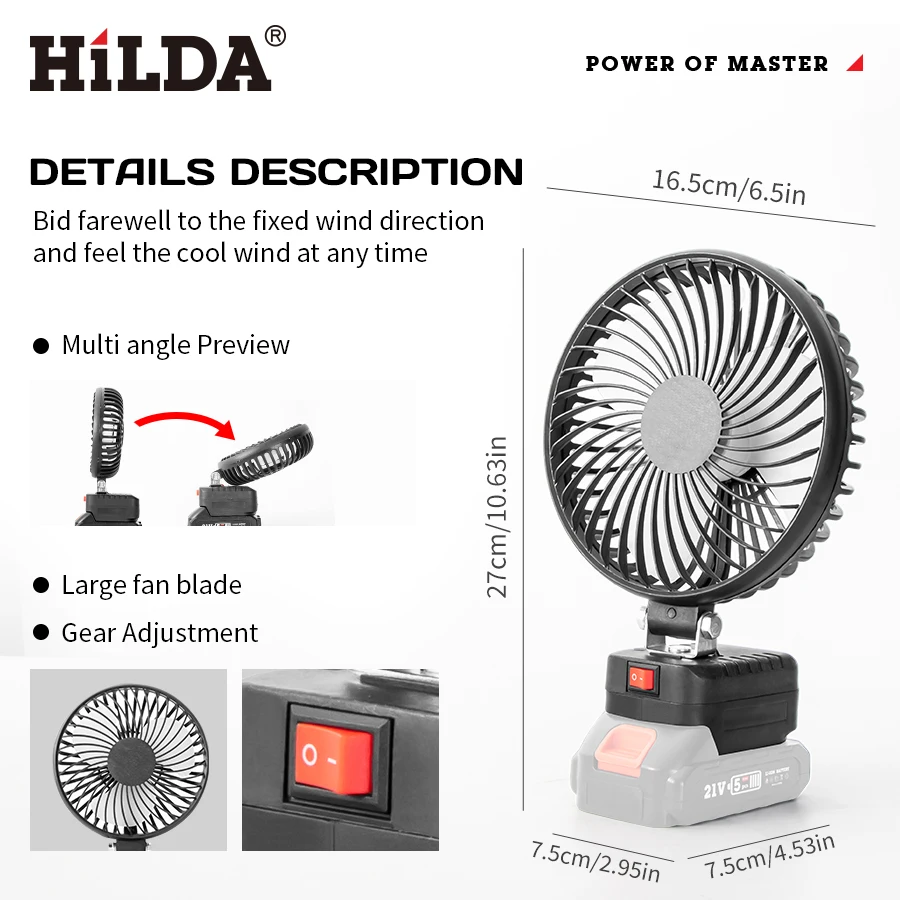 هيلدا مروحة كهربائية ليثيوم سوداء تناسب ماكيتا 21 فولت، شفرة مروحة كبيرة 90 °   تعديل درجة مروحة هادئة محمولة مروحة رياح قوية