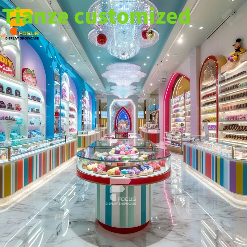 

Customized-Factory Commercial Furniture Chocolate Display Wood Cabinets Showcase Candy Shelves Racks Snacks Standing