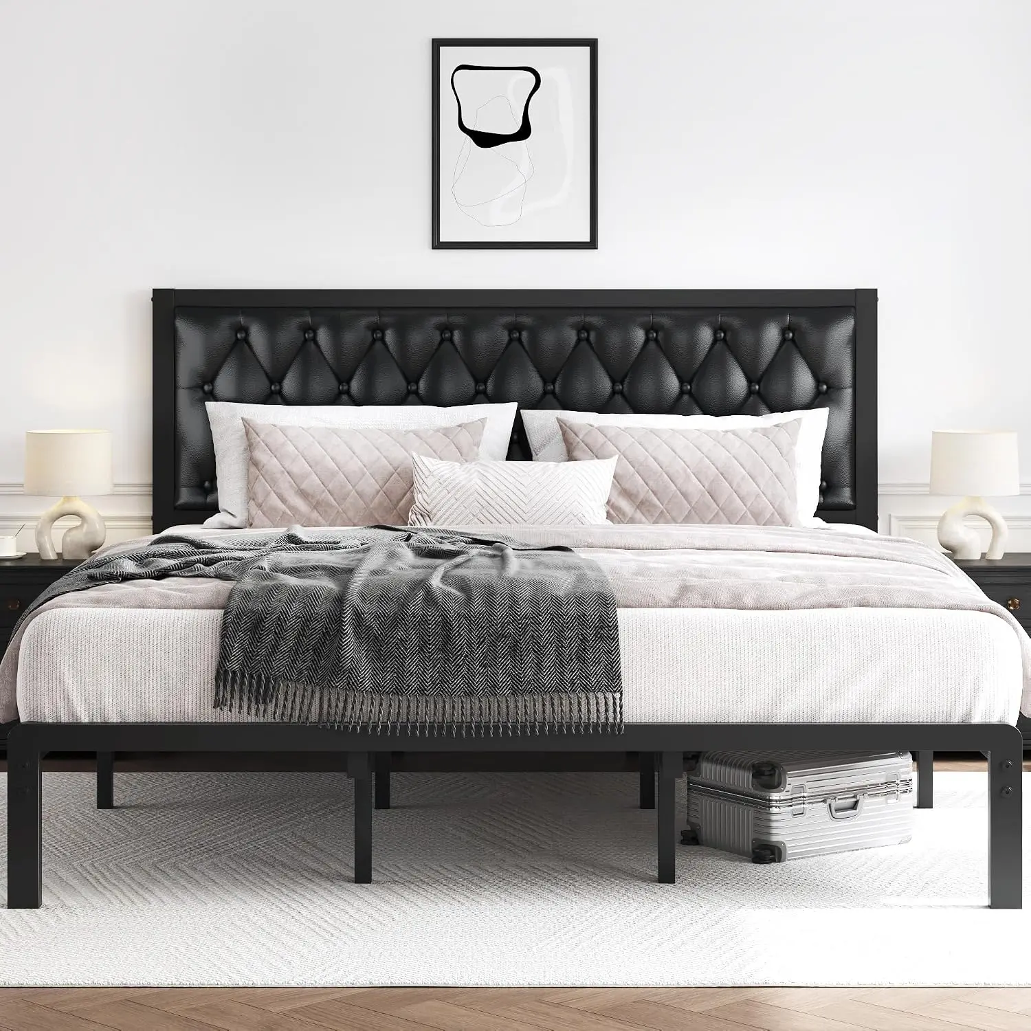 Button Tufted King Bed Frame with Metal Slats, Under Storage, No Box Spring, Noise-Free, Easy Assembly, Black, Customized