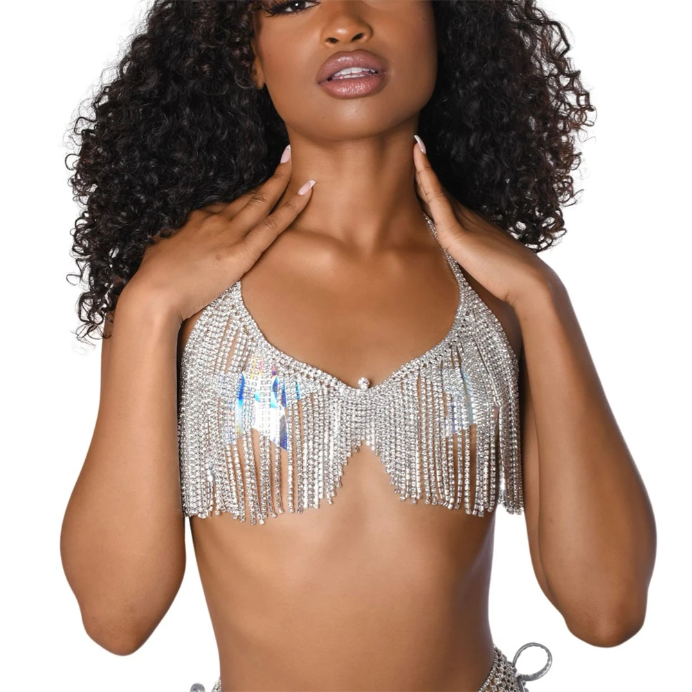 Sexy Bling Tassel Rhinestone Bra Body Chain Exaggerated Women\'s Crystal Bikini Fun Valentine\'s Day Gift