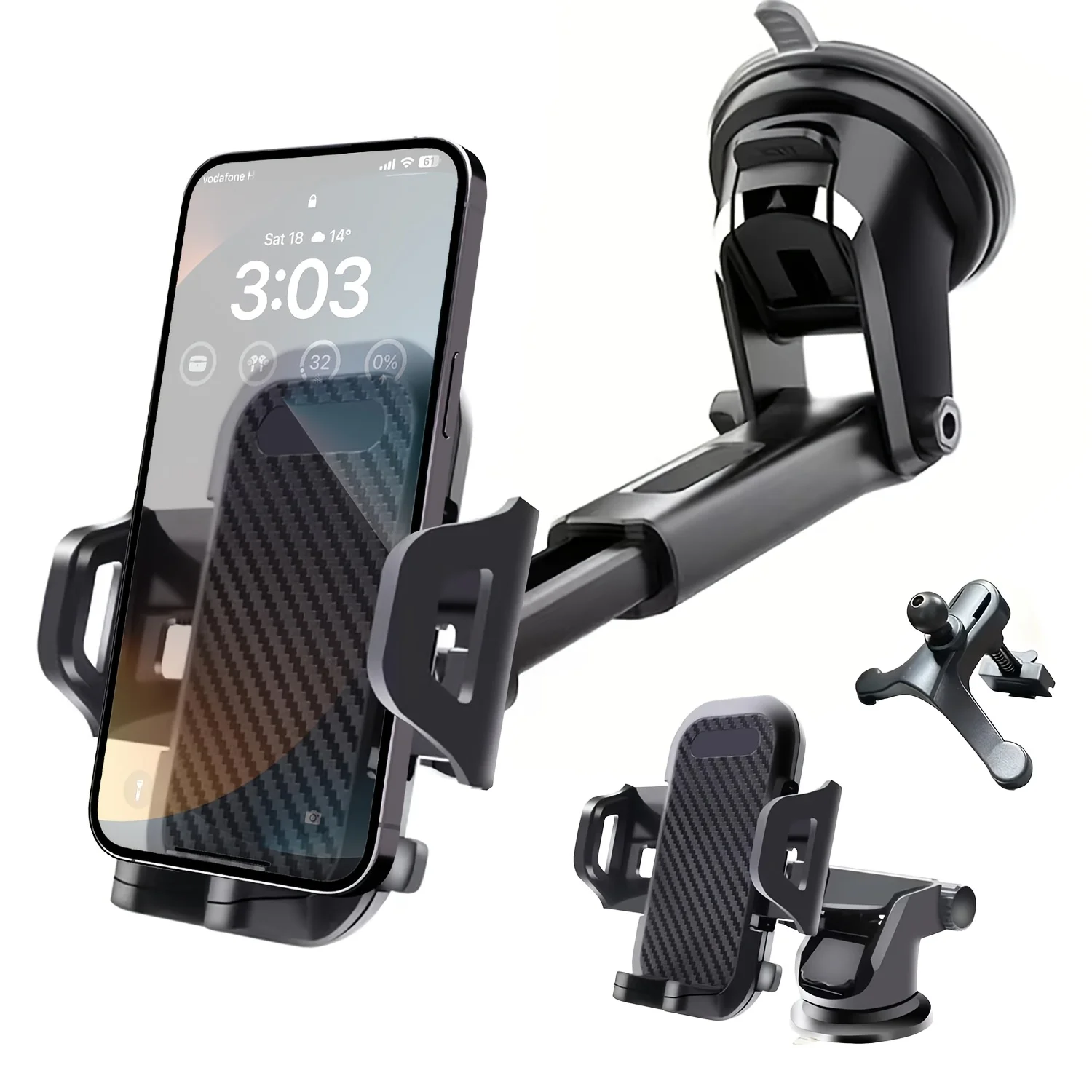 Universal Car Phone Mount, Dual Lock Secure Clamp Silicone Protection, Multi‑Position Car Phone Holder for Dashboard Windshield