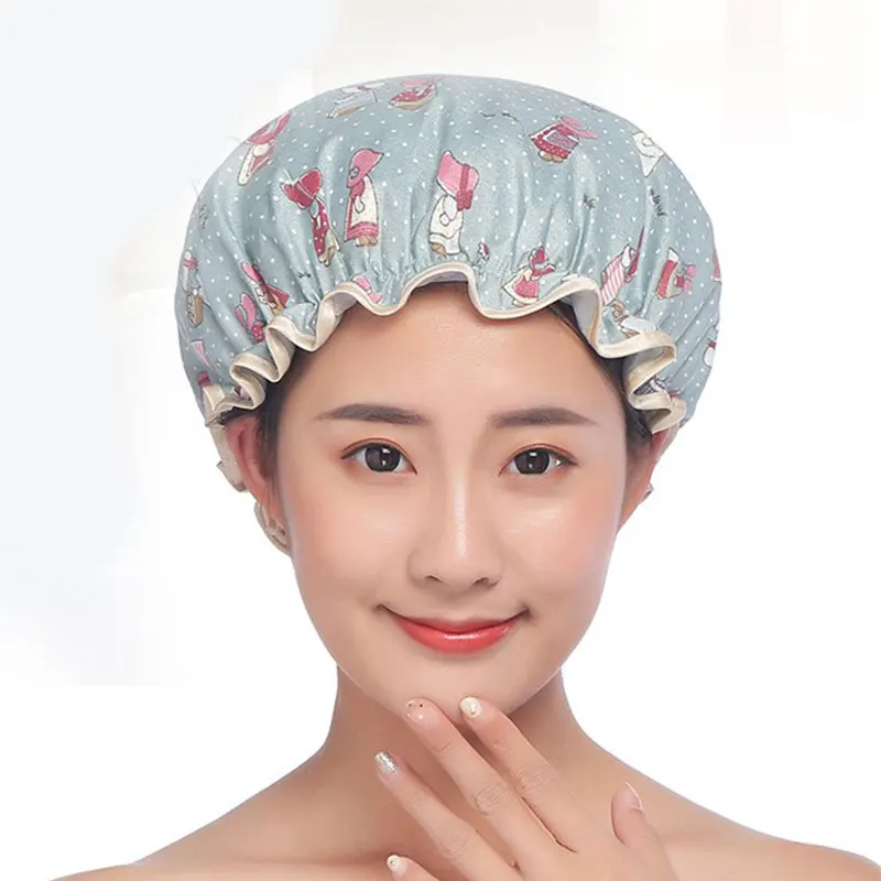 1Pcs Bathing Cap Cartoon Cute Double Layer Waterproof Polyester Cotton Hair Cover Multicolor Shower Hats Bathroom Products