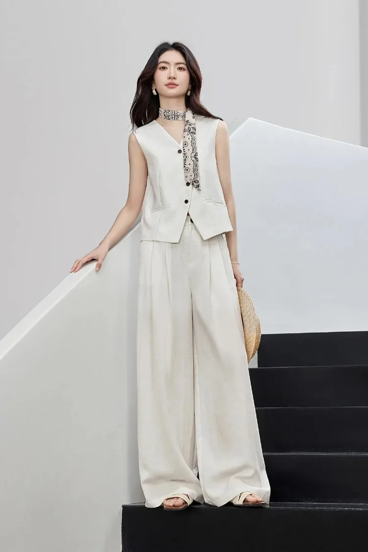 SENTUBILA Office 2 Piece Pant Set 2026 Women Linen Blend Summer Suit V Neck Waistcoat Wide Leg Baggy Pant Print Scarf 162ZA5663Z