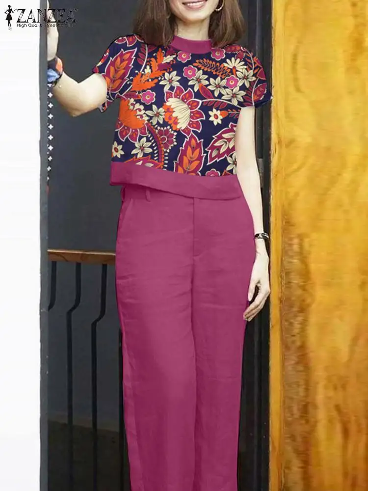 ZANZEA-Conjunto de Blusa de manga corta y pantalones de pierna ancha para mujer, traje Vintage de 2 piezas, chándales estampados, conjuntos de trabajo a juego, Verano