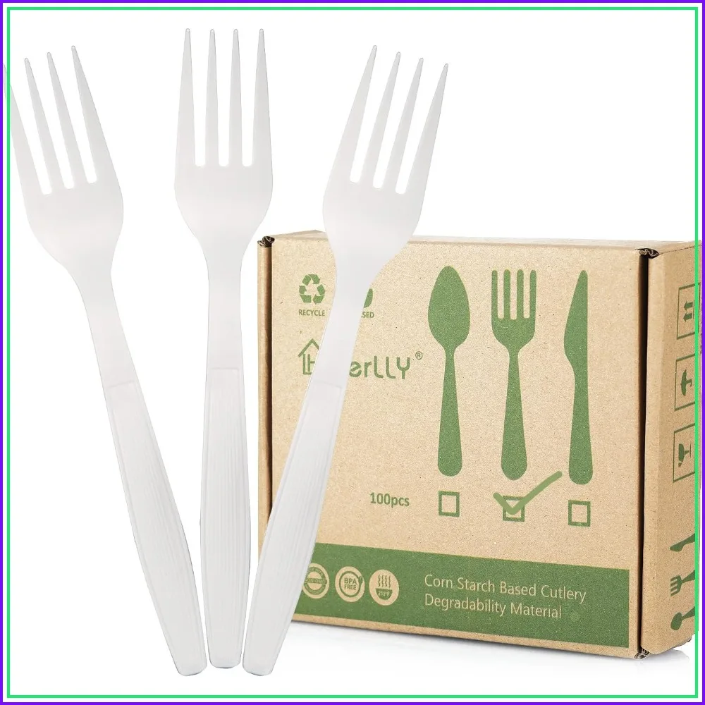 Eco-Friendly Compostable Fork, 100 Pack Biodegradable Utensils, Large Disposable Cutlery, Heat Resistant & Durable Party Silverware