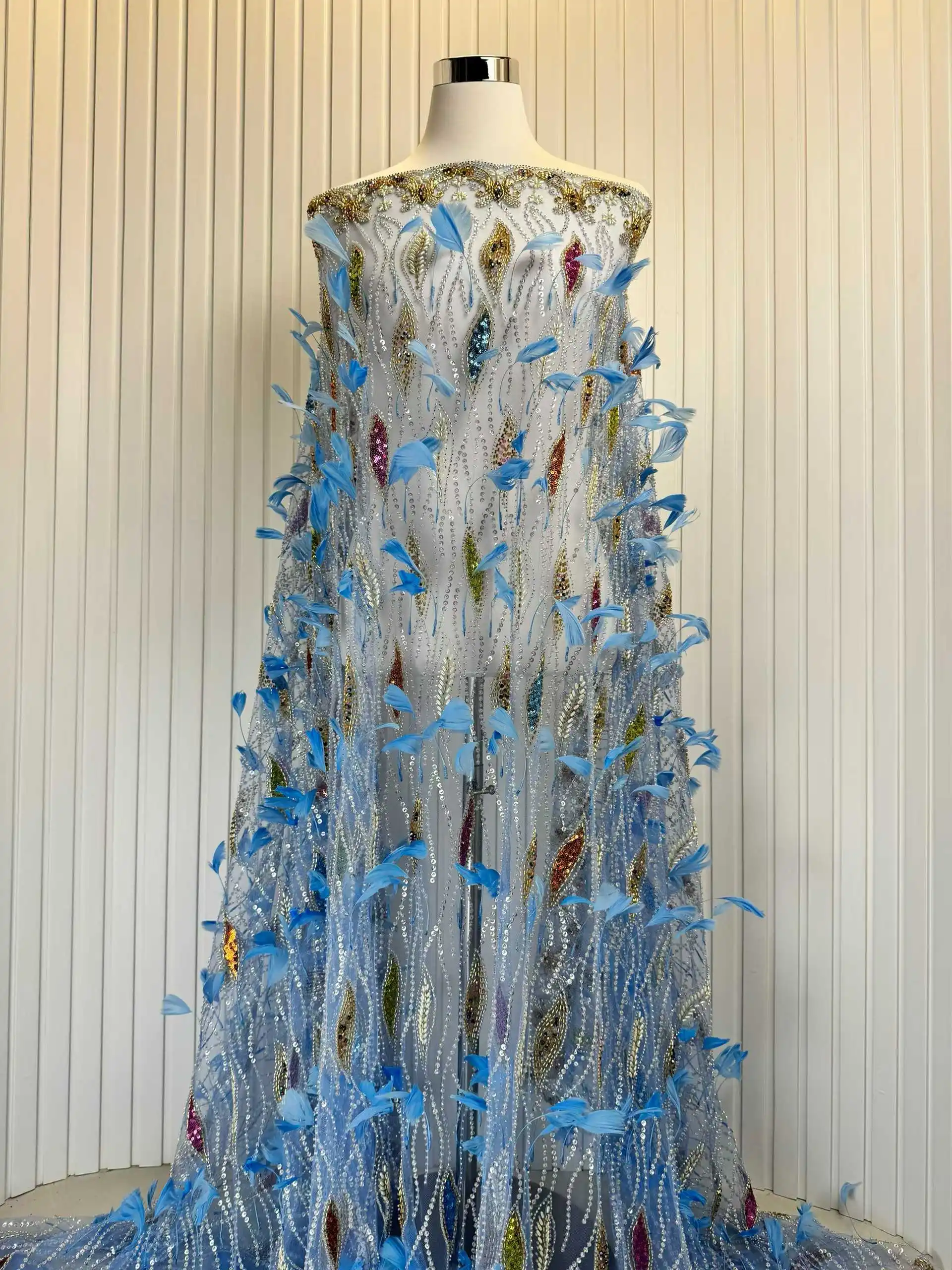 

Модная тюлевая кружевная ткань с 3D-перьями и бисером, с пайетками, нигерийская, для платьев, африканская сетчатая, французская, для свадебных платьев, женская