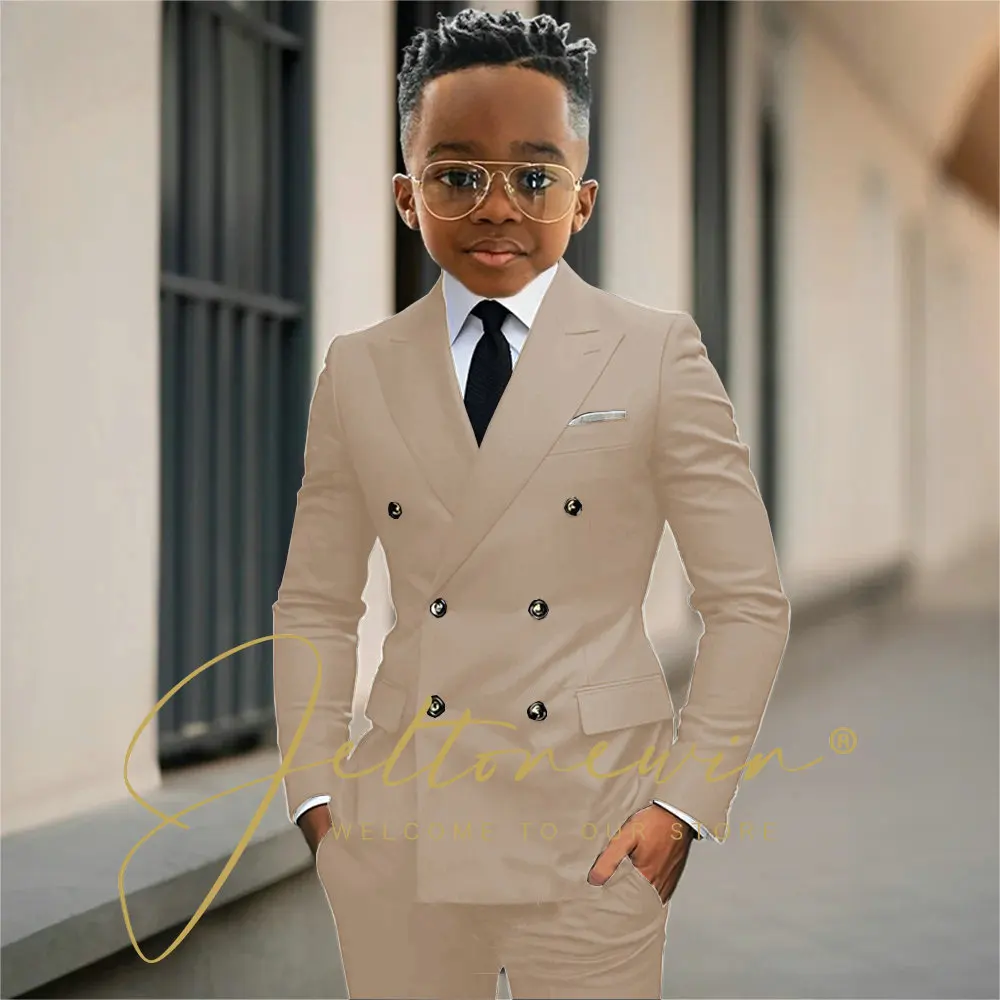 Boy's Beige Suit Set Double Breasted Blazer Pants 2 Pieces Classic kids Wedding Tuxedos Children Party Suits outfits